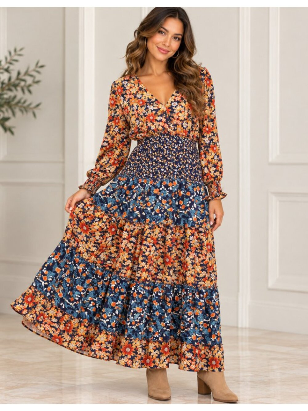 Umgee USA XL Floral Patchwork Tiered Maxi Dress Cottagecore Boho Long Sleeve